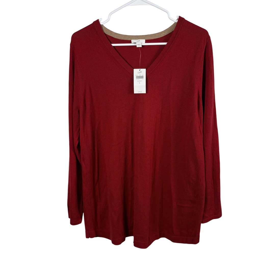NWT J. Jill Sweater L Scarlet Red V-Neck Cotton Blend Minimalist Christmas